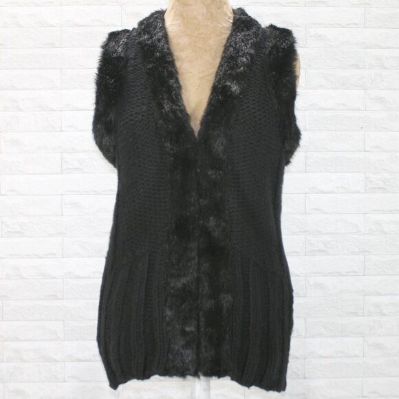 JW Vest Faux Fur Trim Knit Wool Blend Sleeveless Classic Winter Chunky Black LG - Picture 1 of 13
